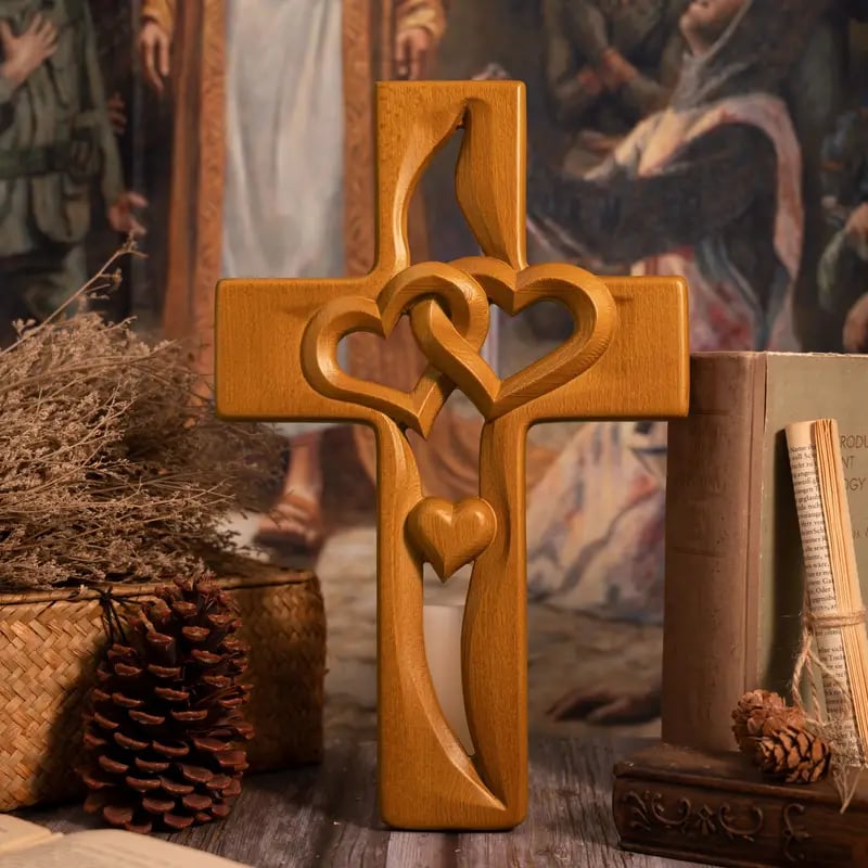 🔥 Last Day 49% OFF – Intertwined Hearts Hand-Carved Wooden Cross ❤️ Perfect Wedding & Anniversary Gift ✝️💞