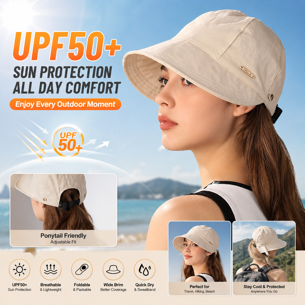 Women’s Ponytail Sun Hat – Lightweight Wide Brim Outdoor Cap for Beach, Travel & Gardening
