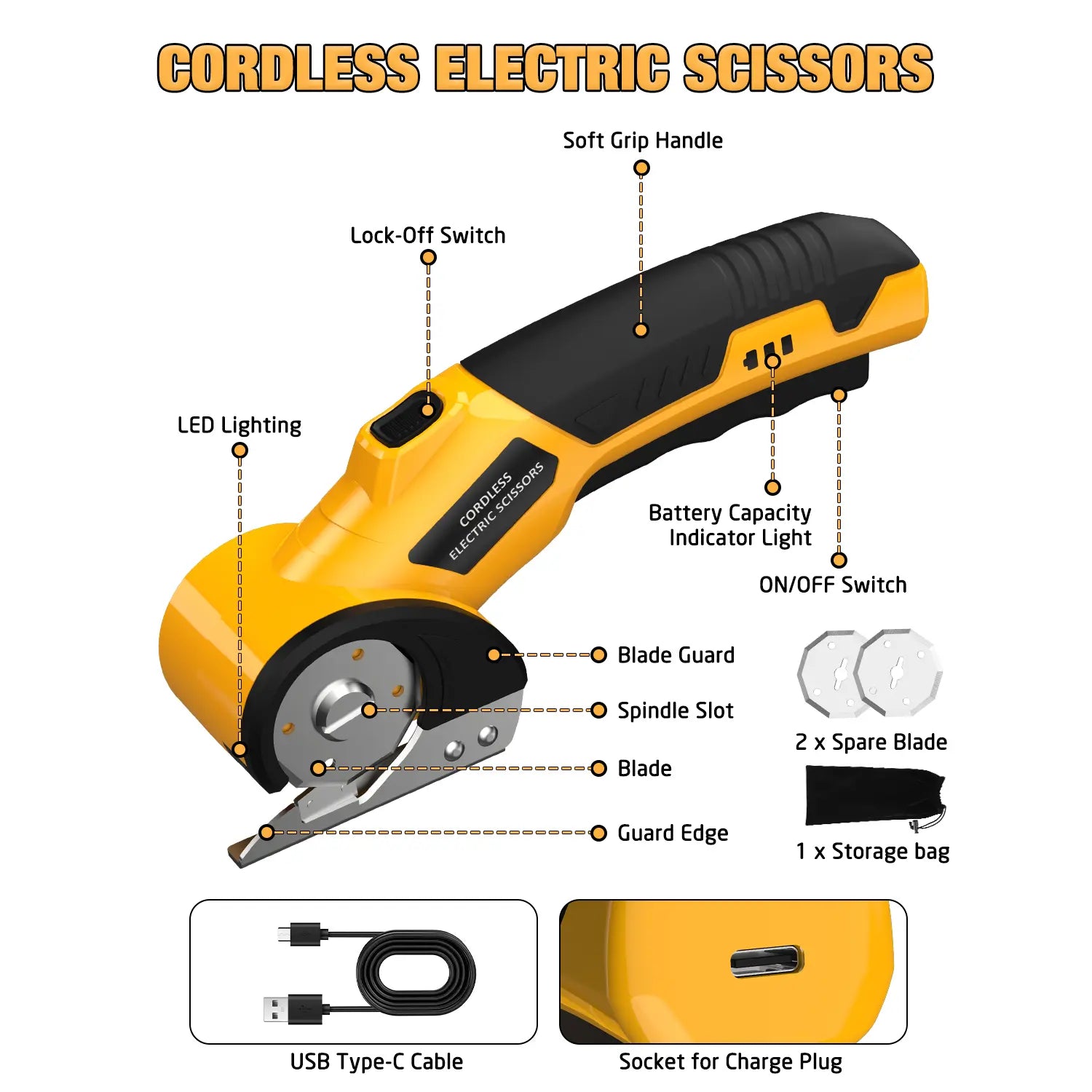 【MothersDayGift】Cordless Electric Scissors 4V – Rechargeable Heavy Duty Cutter with Safety Lock, LED Light, Long Battery Life & 2 Extra Blades | Easy-to-Use Wireless Shears for Cardboard, Packaging Yellow with Storage Bag